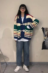 Striped V-Neck Tie Button Cardigan Sweater