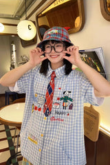 Short Sleeve Cute Pattern Plaid Blouse Shirt