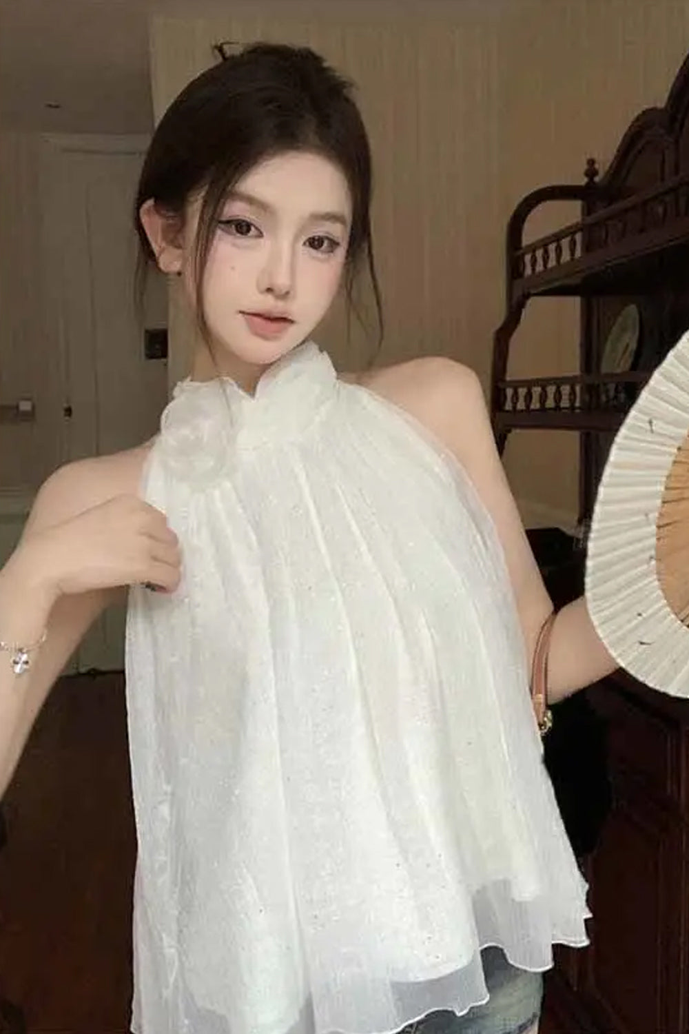 Loose Flower Halter Neck Mesh Sleeveless Blouse Shirt