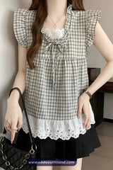 Retro Lace Patchwork Cute Plaid Blouse Shirt