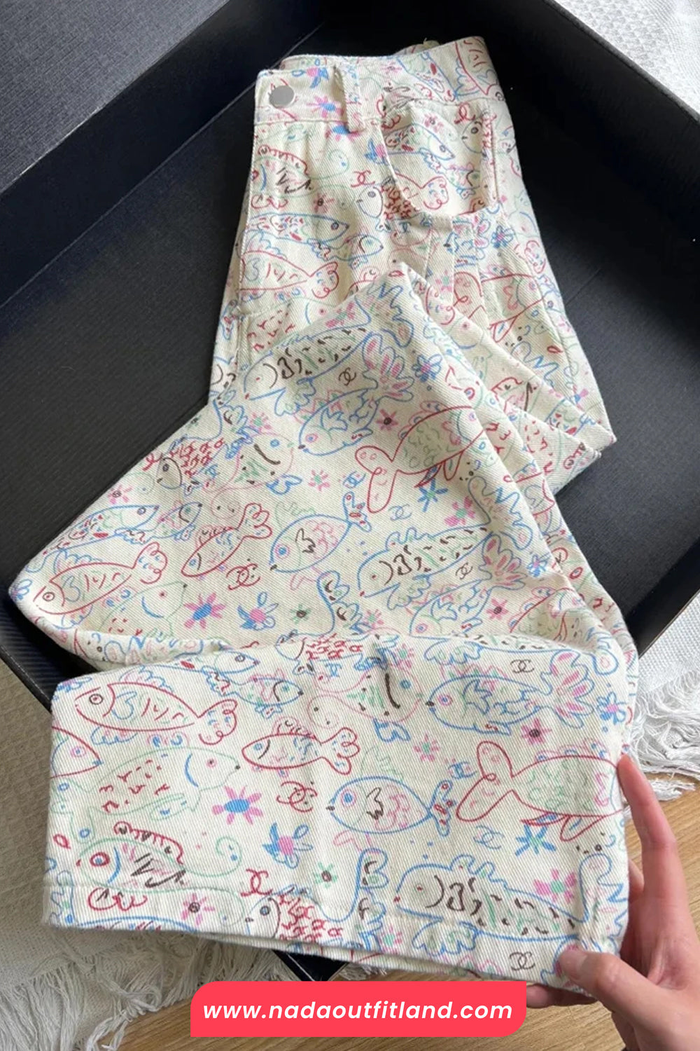 High Waist Full Cute Fish Pattern Denim Pants