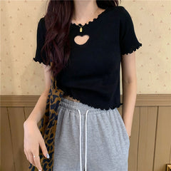 Love Hole Pattern Cropped Slim Shirt