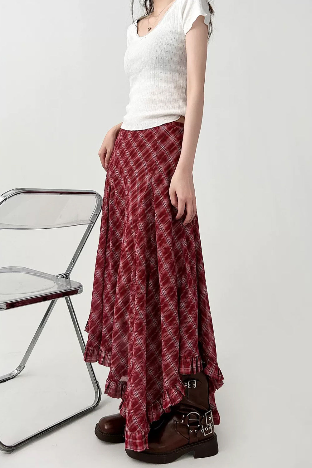 Vintage Two Tone Asymmetrical Plaid Flounce Midi Skirts