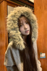 Long Sleeve Striped Faux Fur Style Hooded Sweatshirt