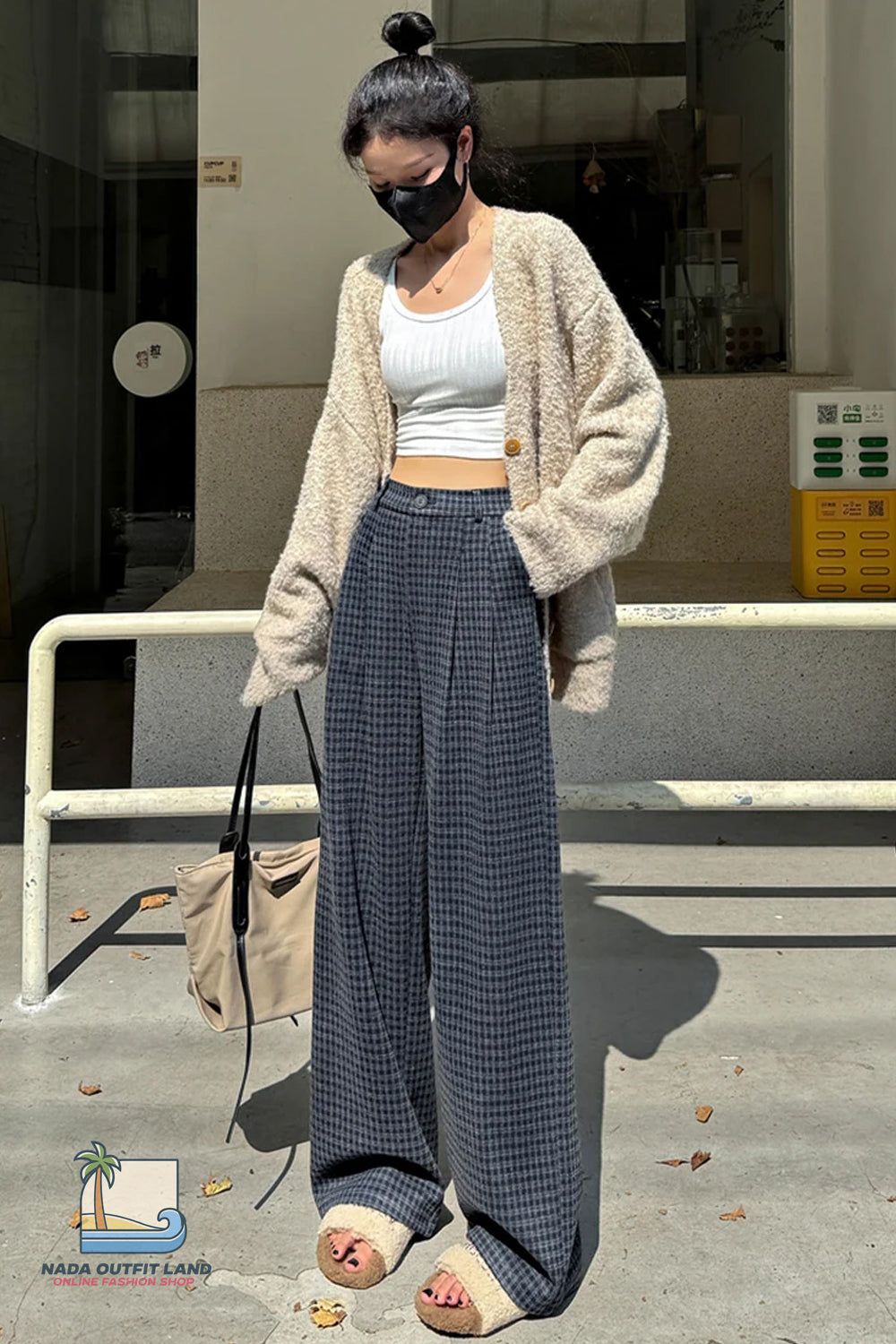 Loose Wide Leg Woolen Plaid Casual Pants
