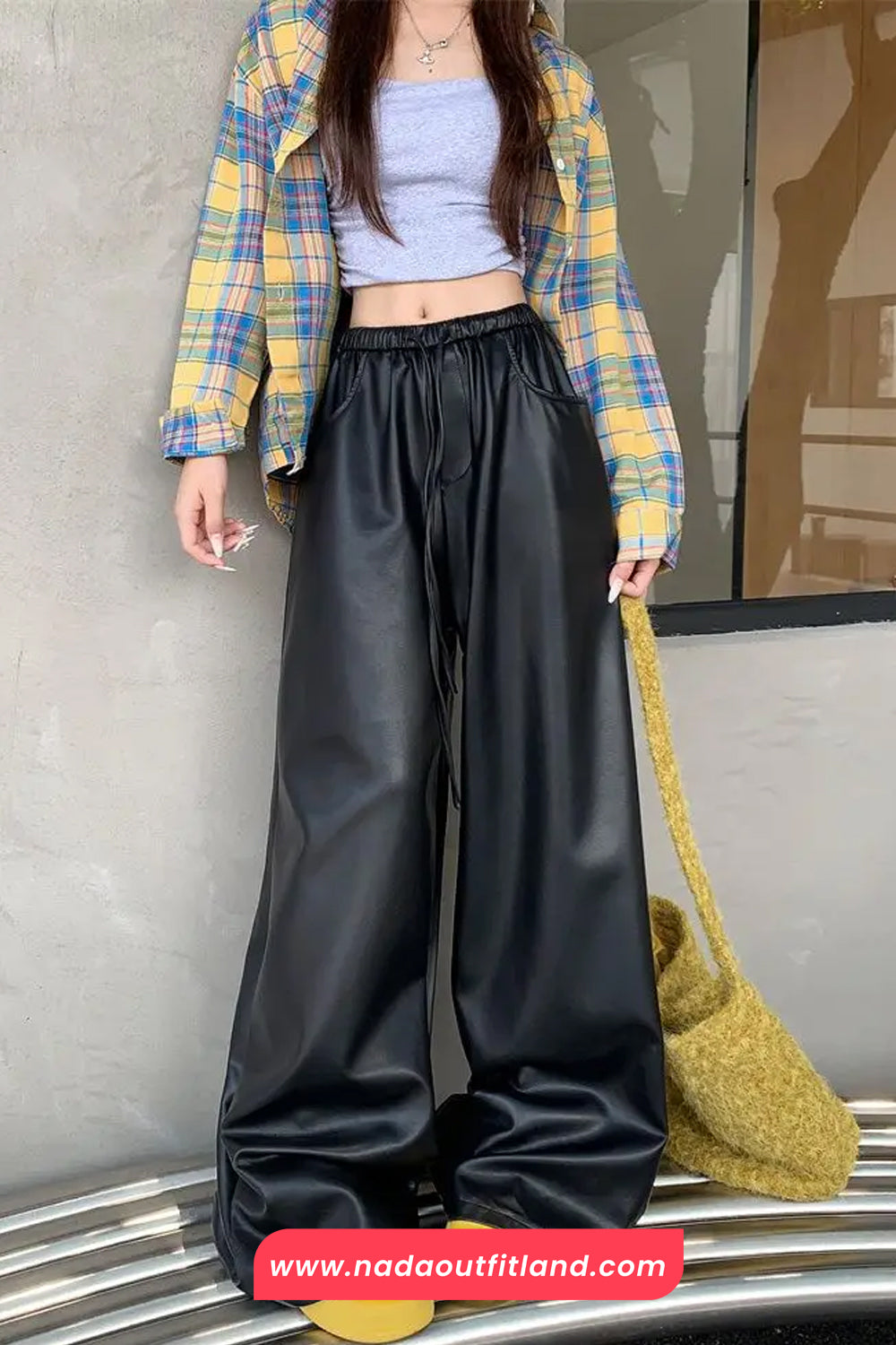 High Waist Loose Elastic Black Leather Women Pants