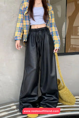 High Waist Loose Elastic Black Leather Women Pants