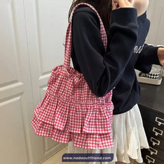 Retro Ruffled Style Plaid Pattern Women Tote Bag