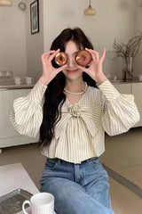 Long Sleeve Striped Cute Bow Blouse Shirt