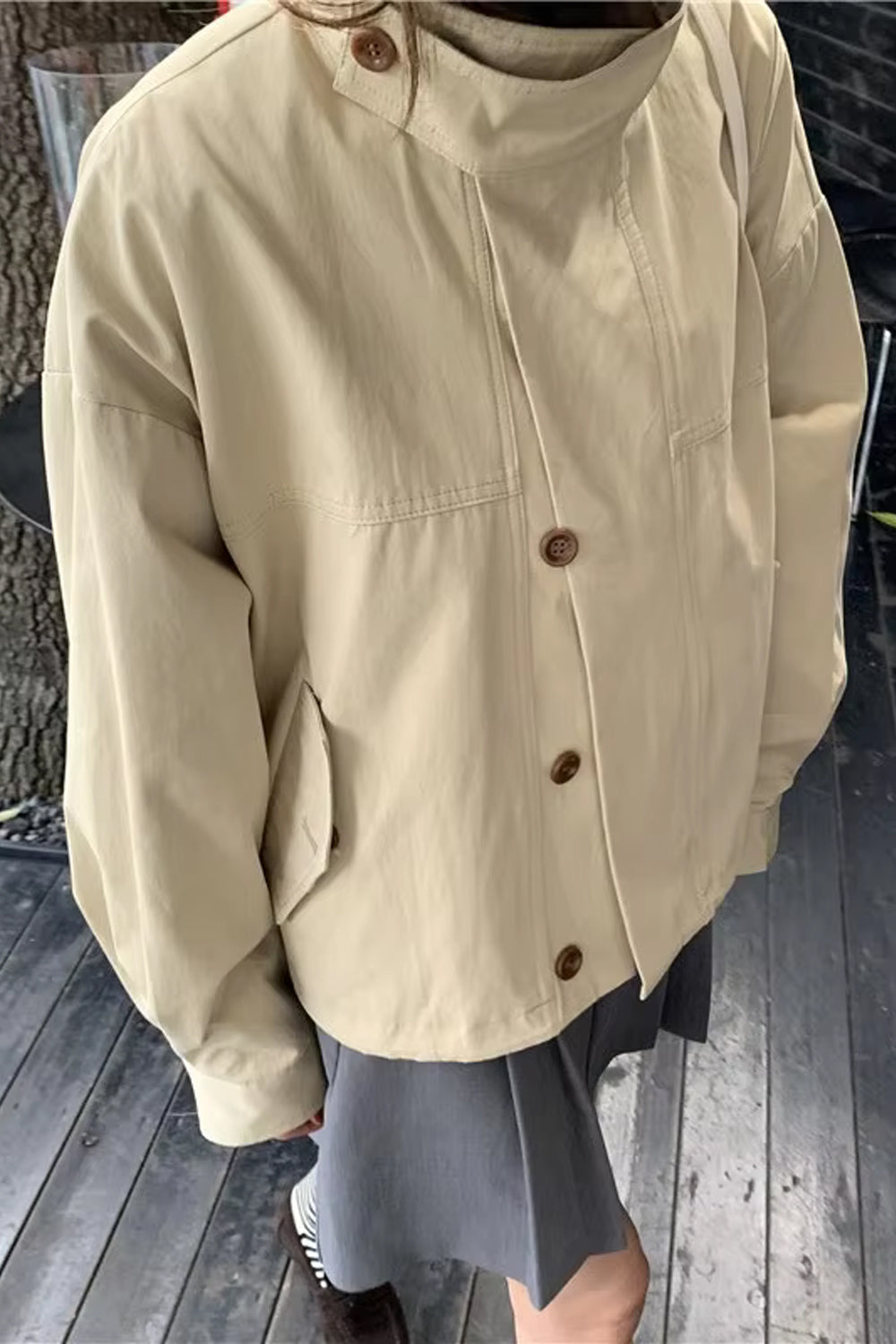 Solid Stand Collar Style Button Basic Coat Jacket