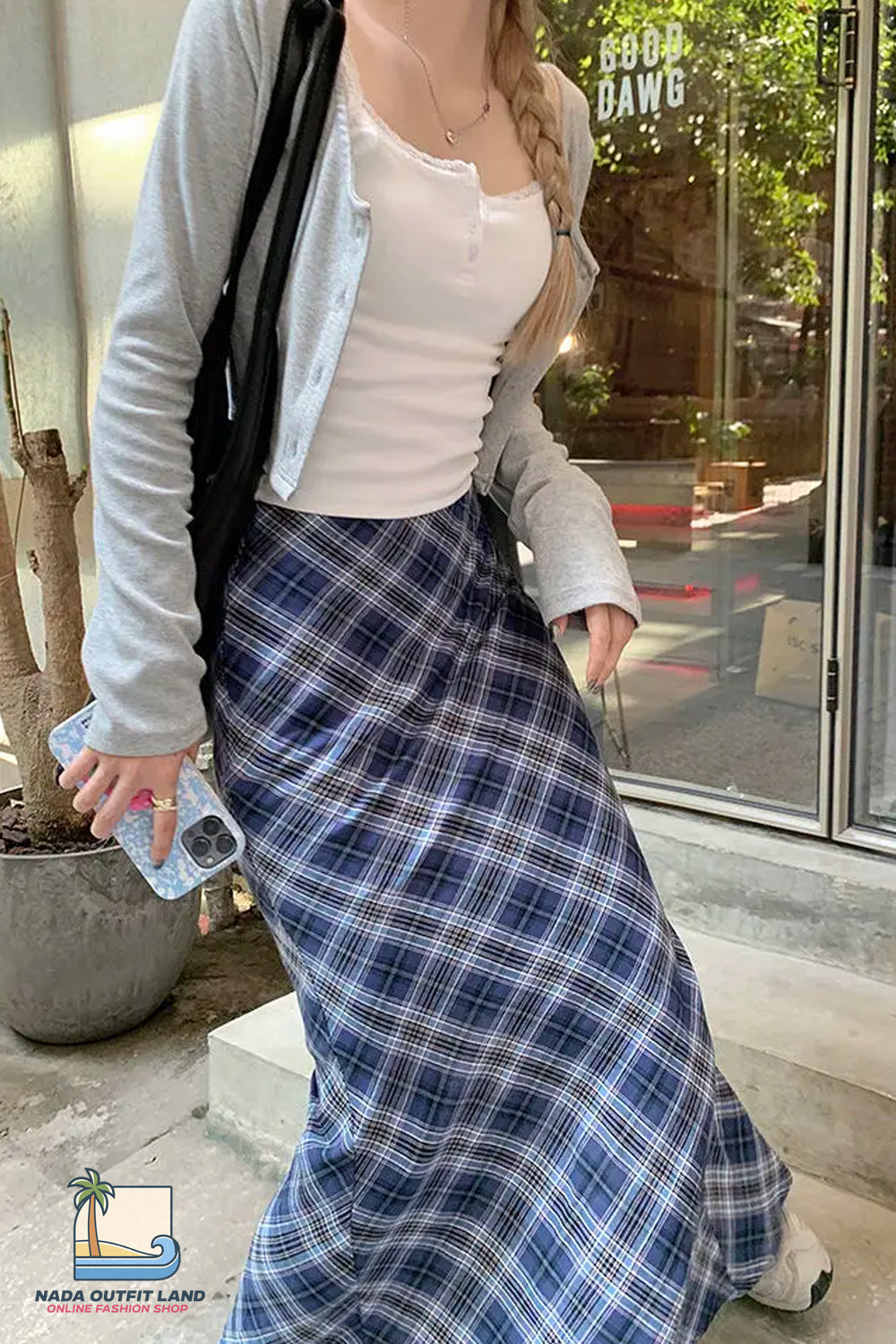 High Waist Grid Plaid Pattern Slit Skirts