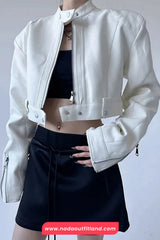 Long Sleeve Sexy Cropped Leather Zipper Jacket