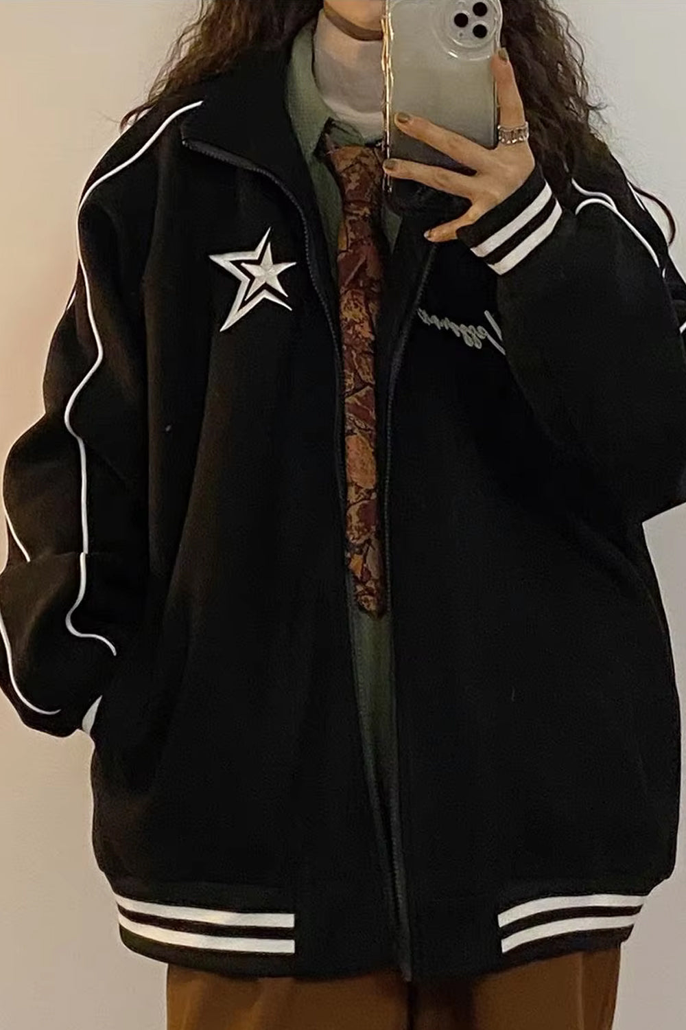 Star Letter Embroidery Stand Neck Retro Jacket