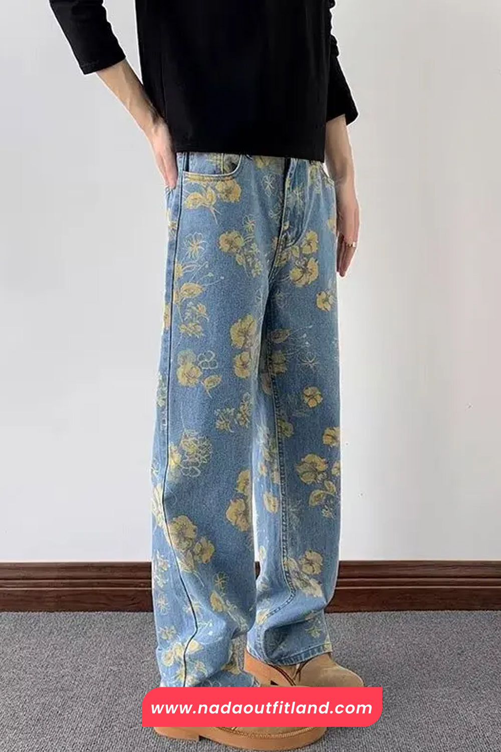 High Waist Retro Flowers Pattern Blues Denim Jeans Pants
