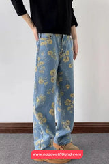 High Waist Retro Flowers Pattern Blues Denim Jeans Pants