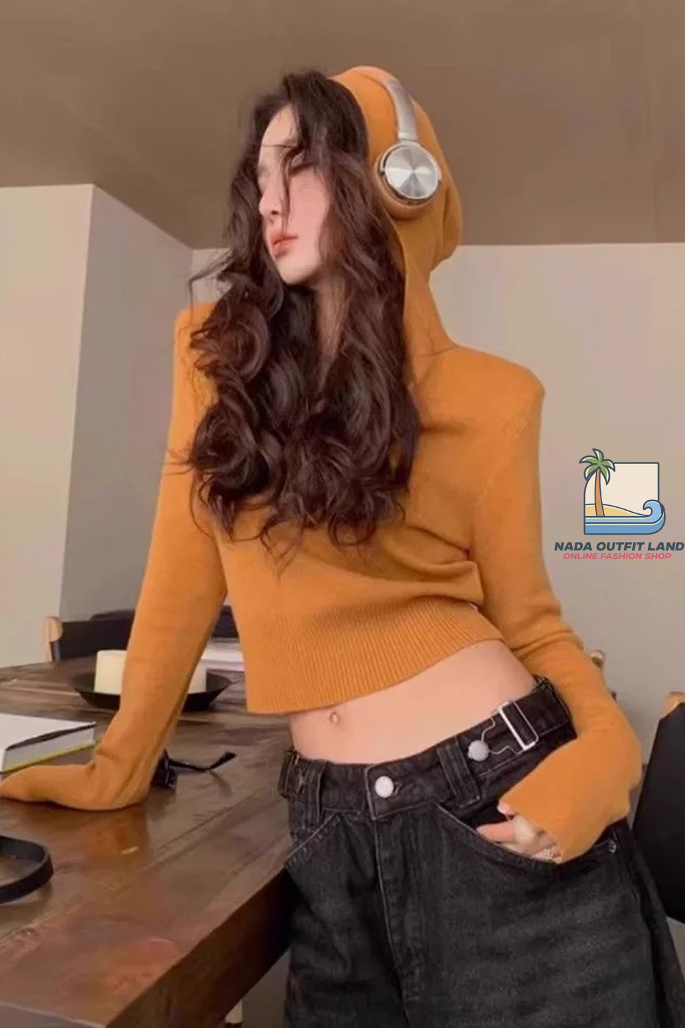 Sexy V-Neck Button Hooded Cropped Sweater