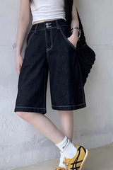 Loose Retro Black Color Jeans Shorts