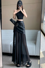 High Waist Mesh Leather A-Line Long Skirts