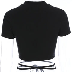 Sexy Belted Cropped Slim Black Shirt