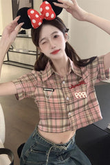 Short Sleeve Retro Plaid Cute Cropped Blouse Shirt