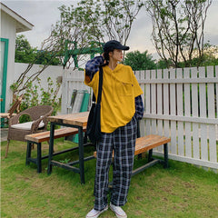 Long Sleeve Fake Two Piece Hooded Sleeve Plaid