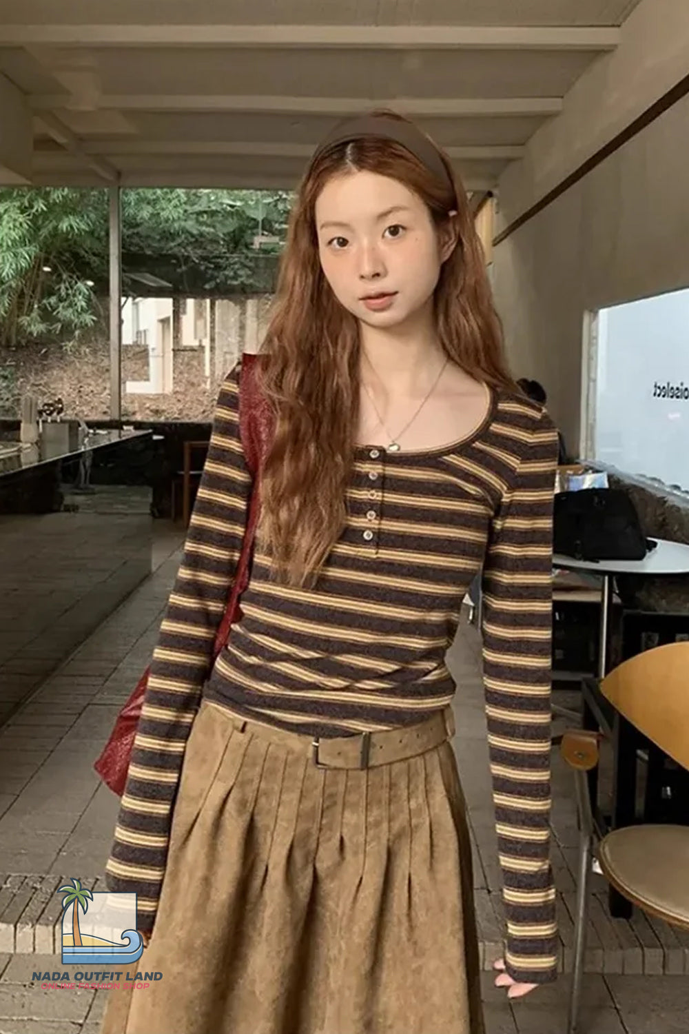 Long Sleeve U-Neck Retro Striped Shirt