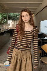 Long Sleeve U-Neck Retro Striped Shirt