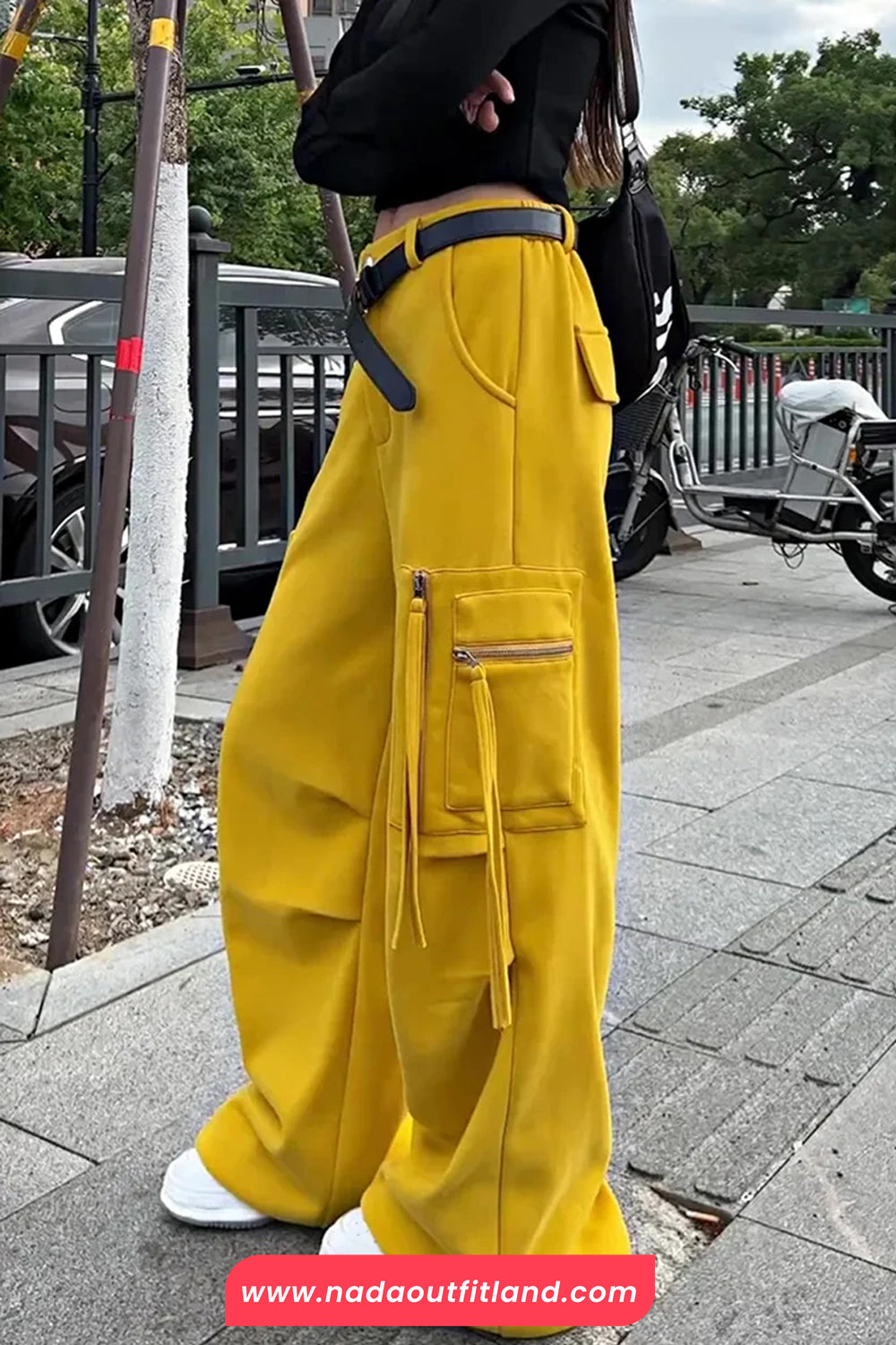 High Waist Cargo Pockets Zipper Wide Leg Pants