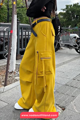 High Waist Cargo Pockets Zipper Wide Leg Pants