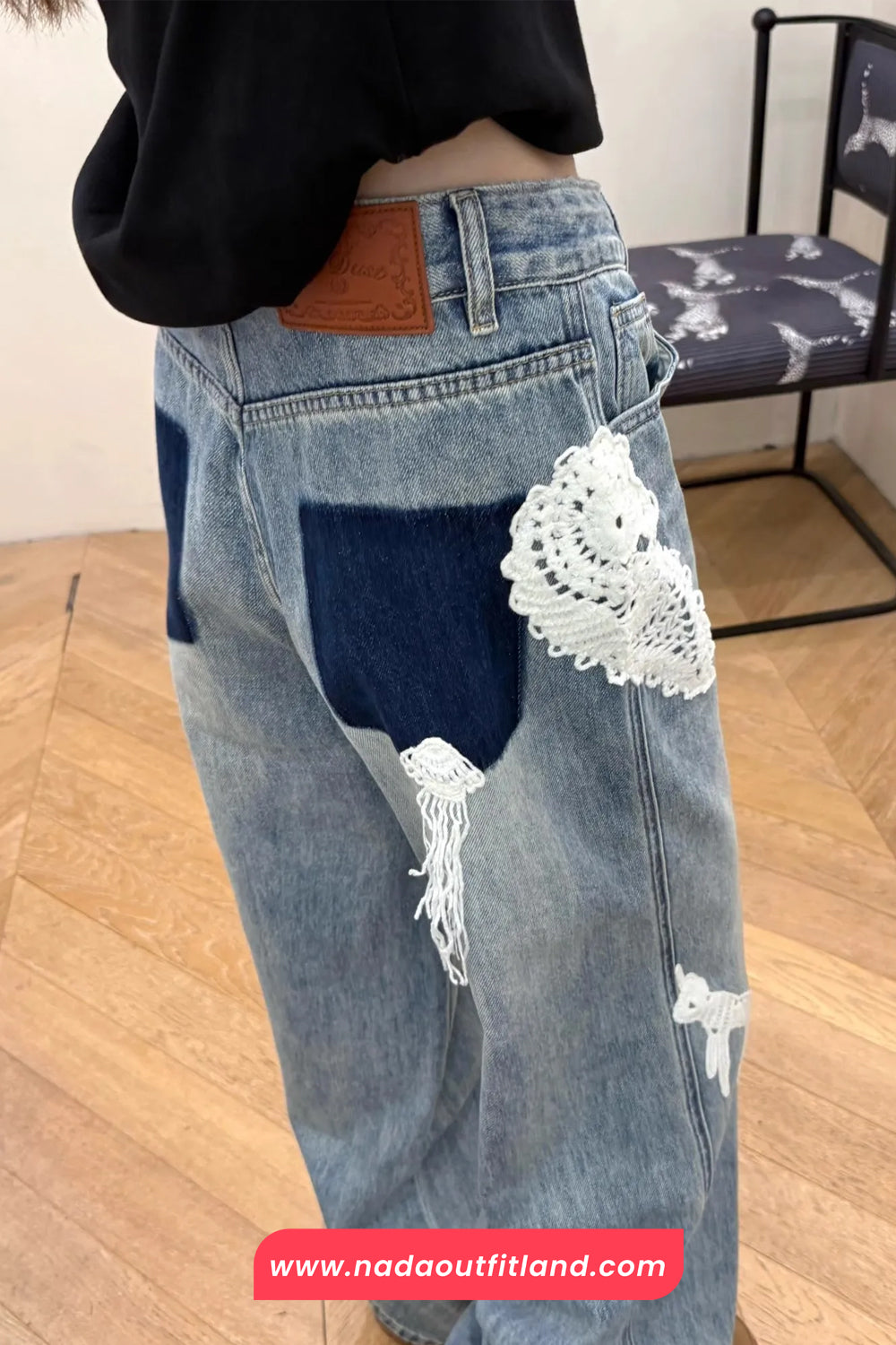 High Waist Loose Vintage Lace Embroidered Jeans Pants