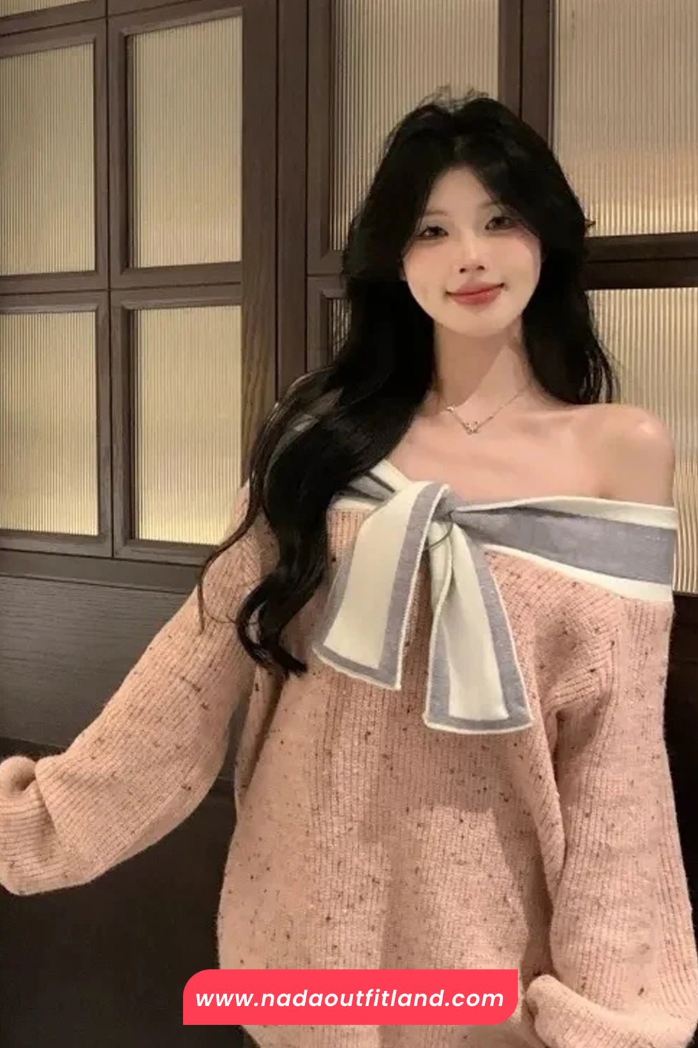 Long Sleeve Off Shoulder Sweet Bow Knitted Sweater