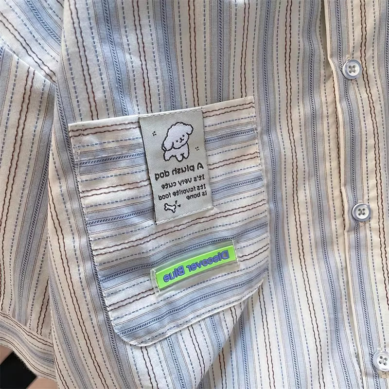 Short Sleeve Cute Dog Pocket Printed Striped Blouse Shirts