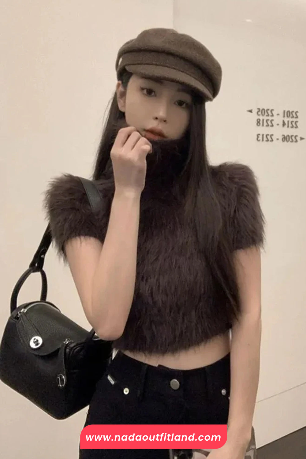Short Sleeve Turtleneck Faux Fur Cropped Shirt