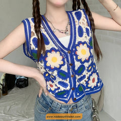 Sleeveless Floral Embroidered Blue Crochet Vest Sweater