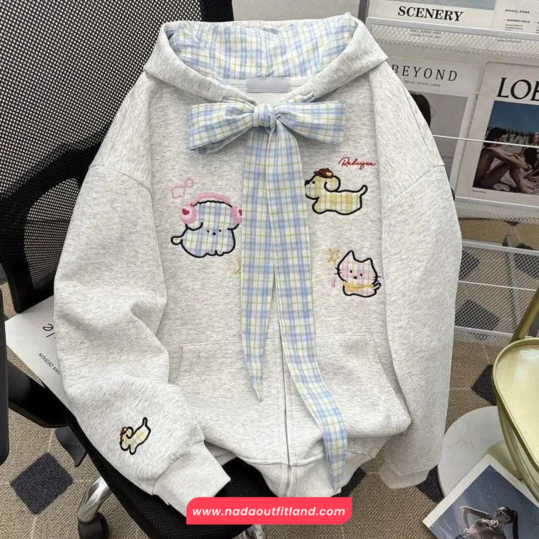 Long Sleeve Cute Plaid Bow Hooded Sweatshirt