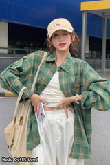 Long Sleeve Vintage Plaid Loose Blouse Shirts