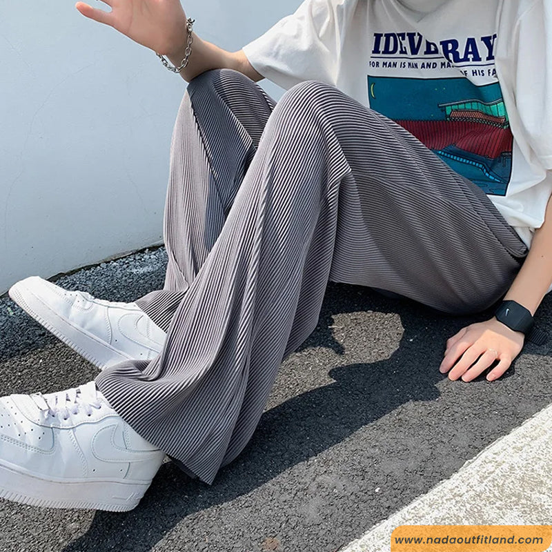 Casual Ice Silk Men Pleated Long Pants