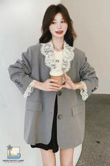 Long Sleeve V-Neck Grey Striped Lace Patchwork Blazer Jacket