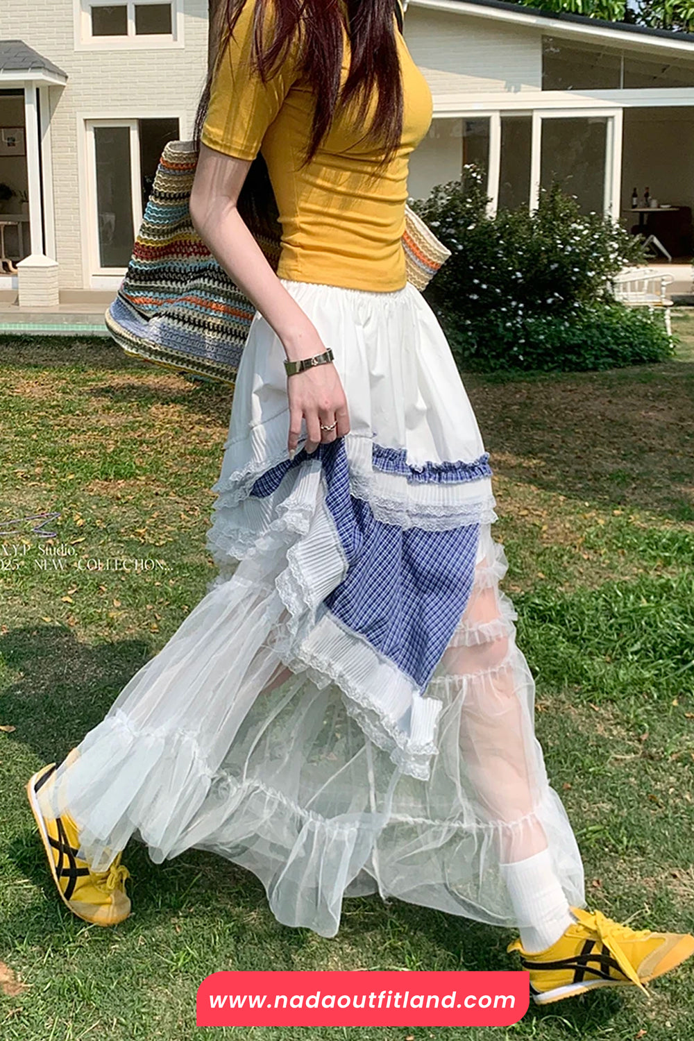 High Waist Irregular Plaid Lace Mesh Casual Skirts