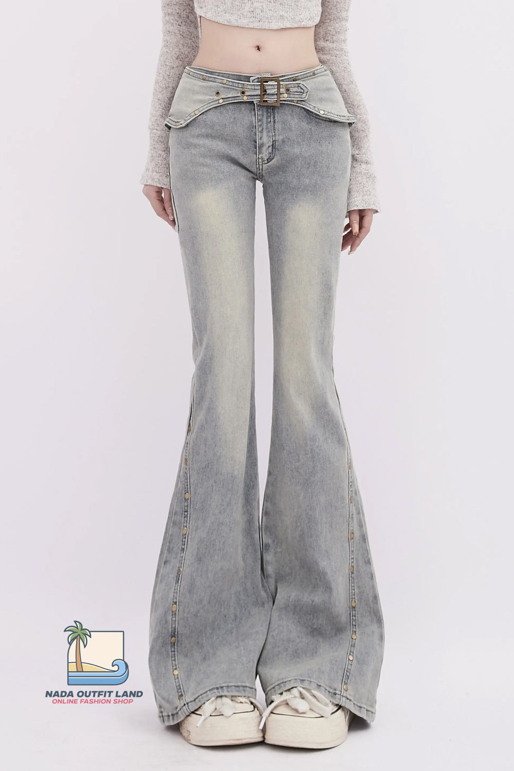 High Waist Rivet Slim Flare Grey Denim Pants