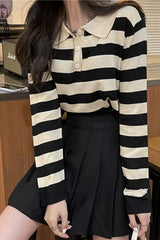 Long Sleeve Turn Down Collar Striped Slim Sweater
