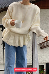 Long Sleeve O-Neck Ruffles Patchwork Knitted Sweater