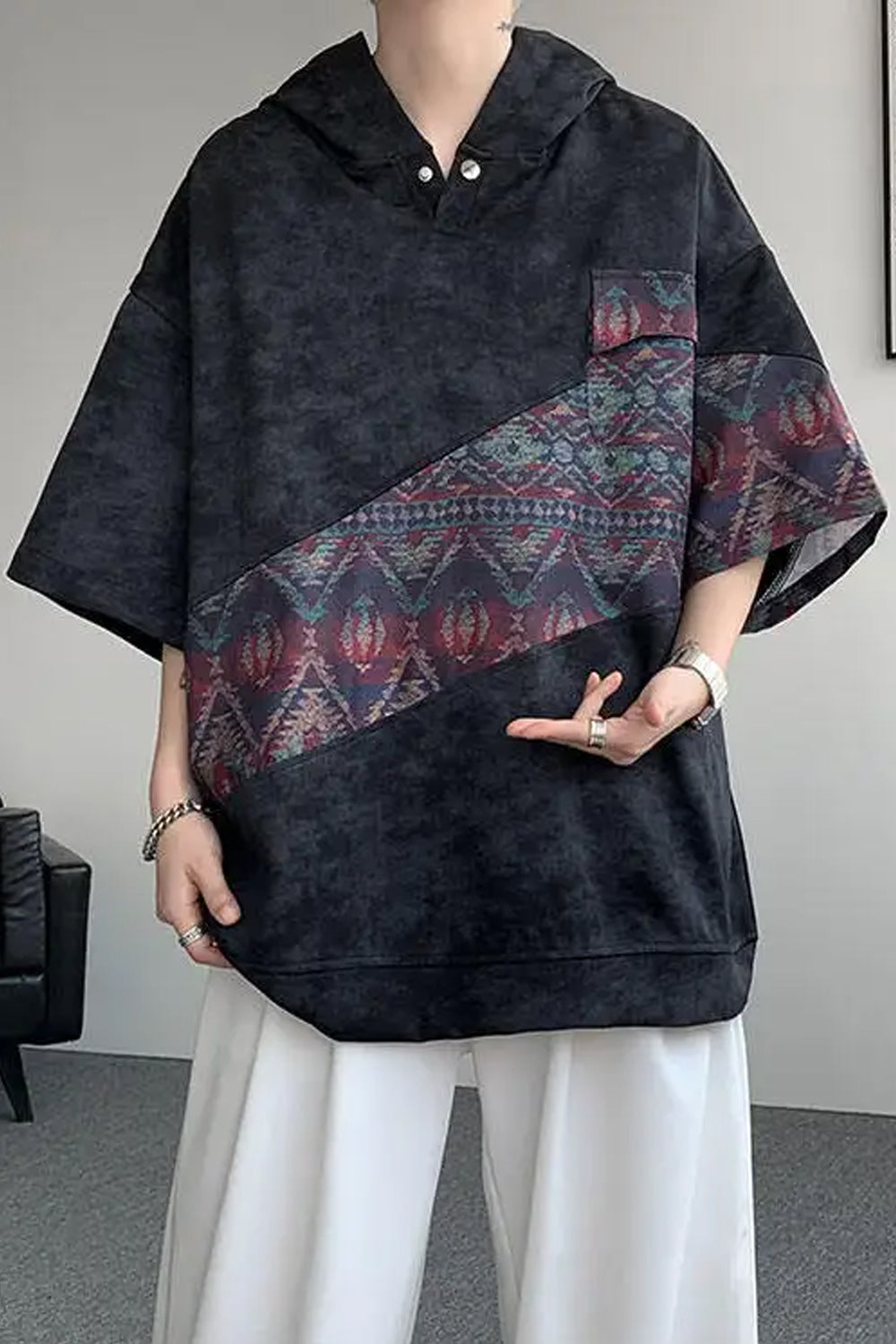 Retro Ethnic Oversized Hooded Shirt â€?Vintage Streetwear Statement Piece