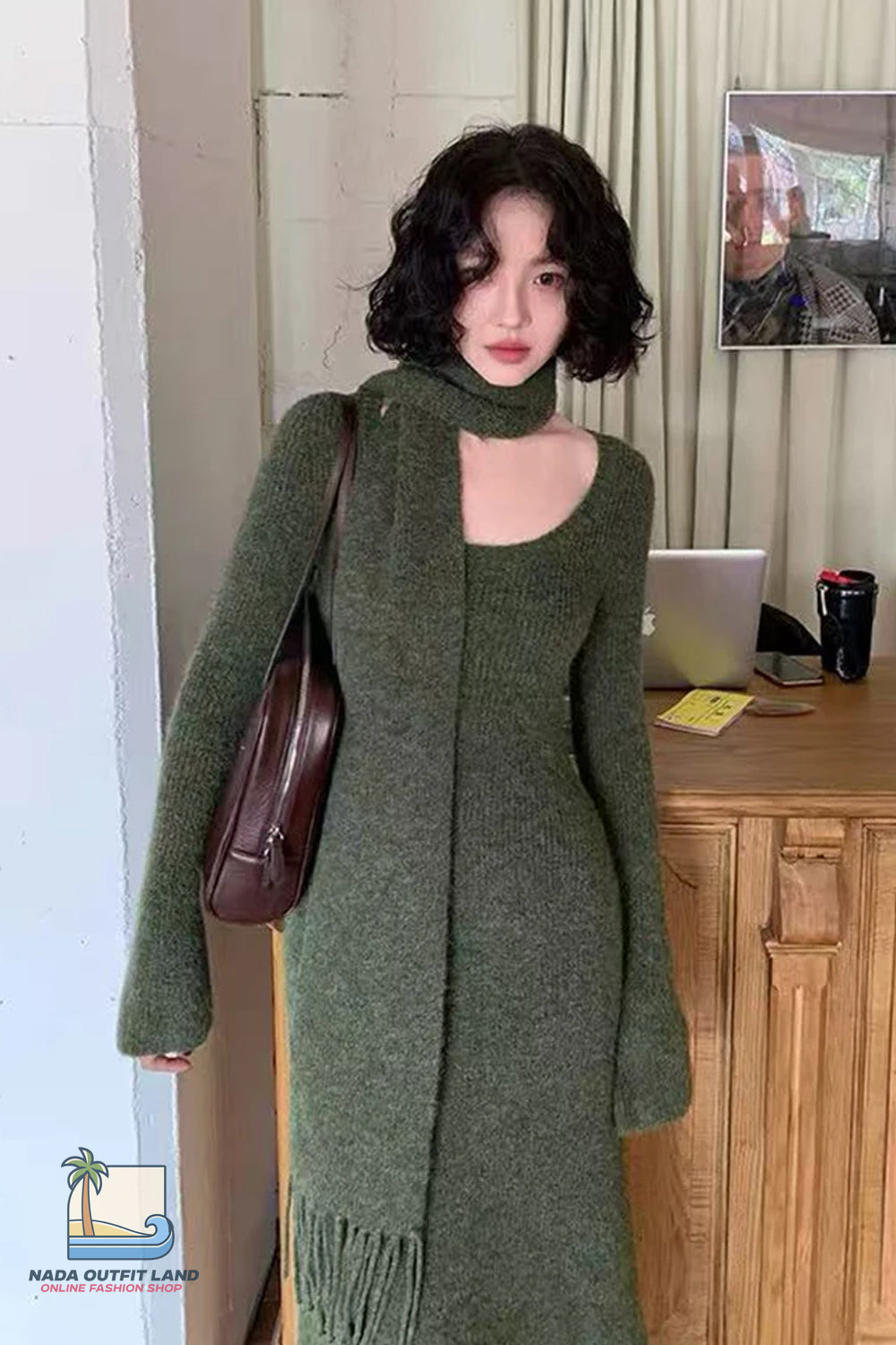 Long Sleeve Vintage Kniited Slim Fit Dress With Scarf