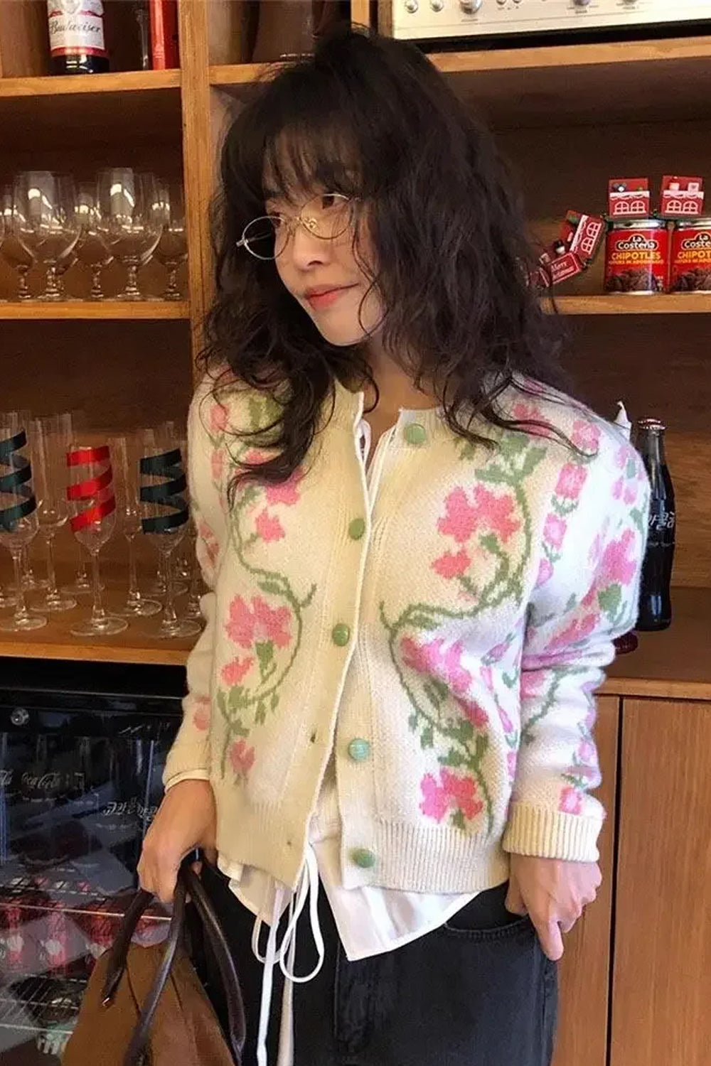 Long Sleeve Pink Floral Pattern Cardigan Sweater
