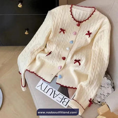 Long Sleeve Bow Patchwork Knitted Cardigan Sweater