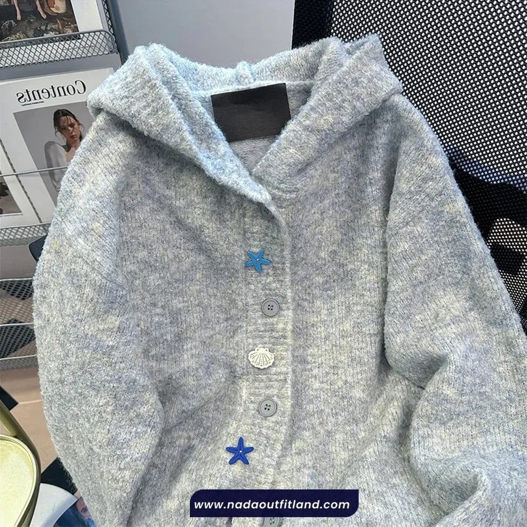 Ocean Theme Button Hooded Cardigan Sweater