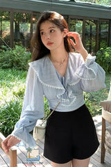 Flare Sleeve Sweet Lace Bandage Slim Blouse Shirt