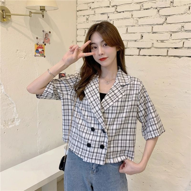 Loose Vintage Plaid Double Breasted Short Blazer