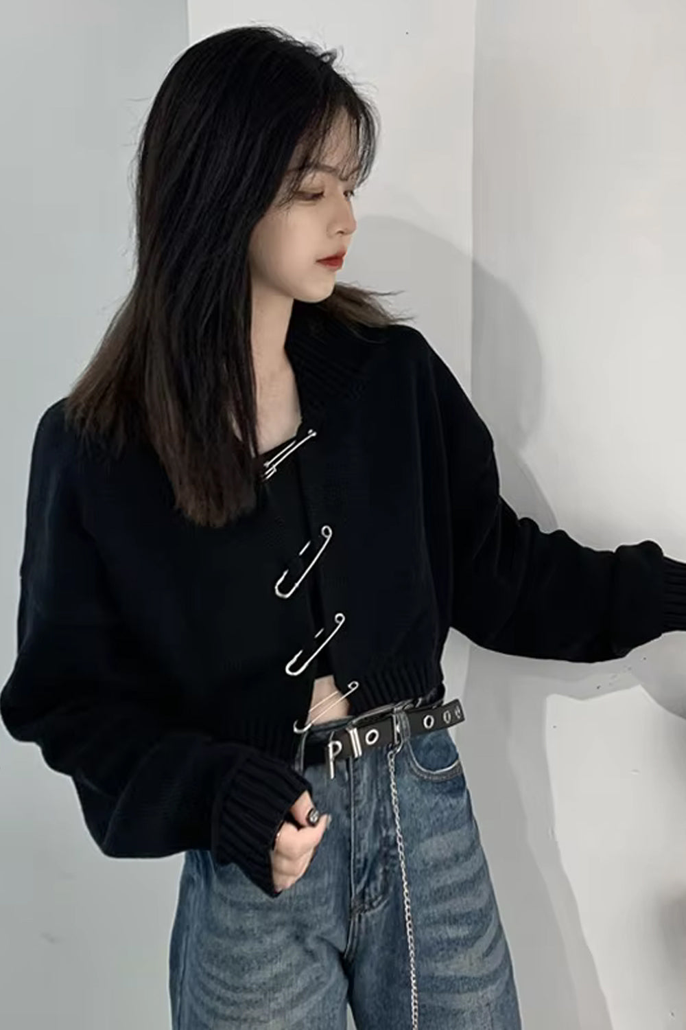 Long Sleeve Big Pin Buckle Cardigan Sweater